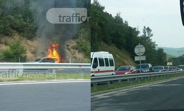 Кола се запали на АМ „Тракия“, движението по магистралата е в застой (СНИМКИ)